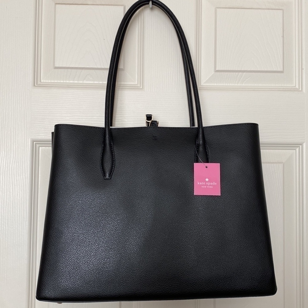 BNWT Kate Spade Eva Refined Black Leather Triple Compartment Tote - Picture 3 of 12